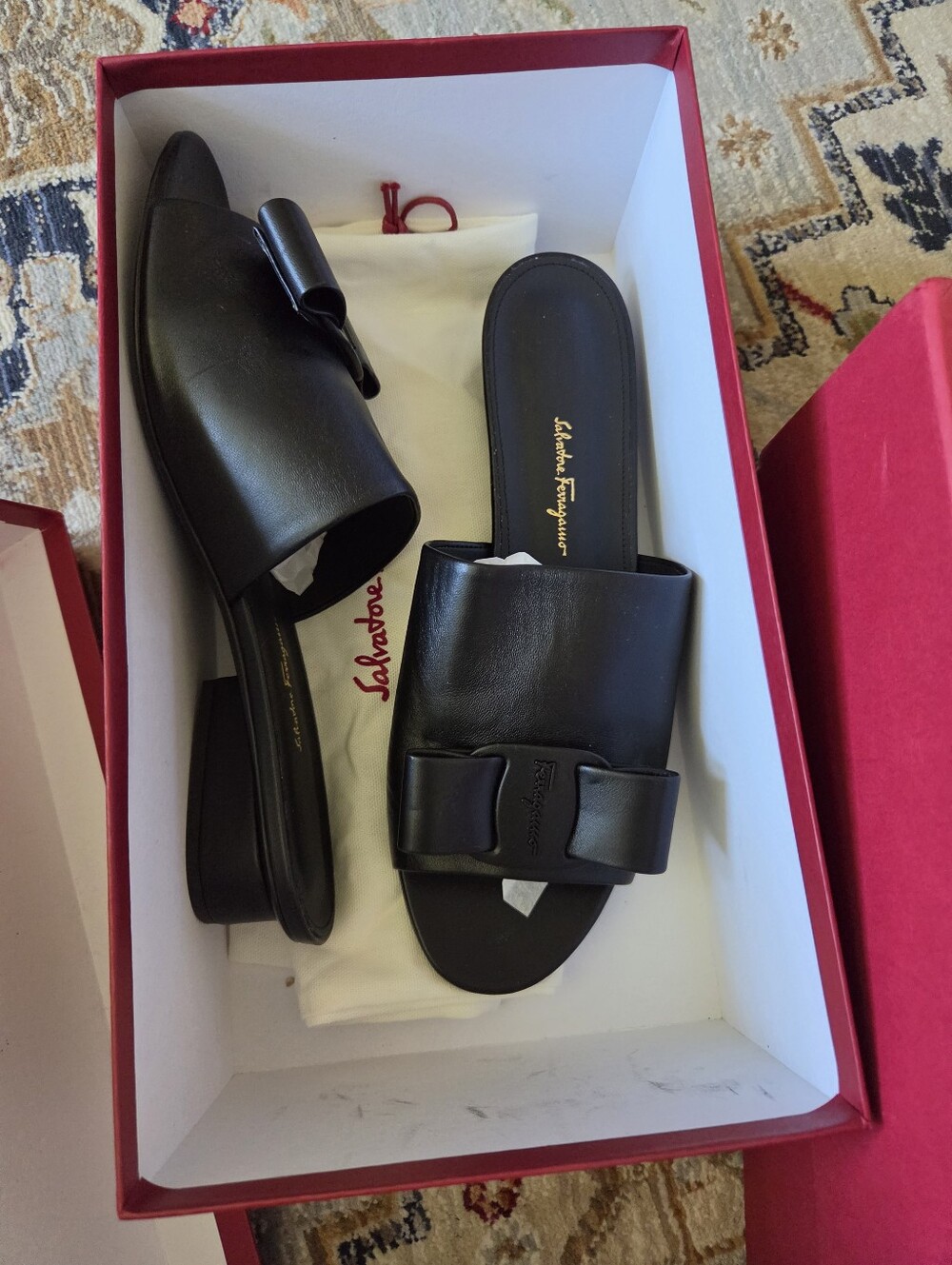 Salvatore Ferragamo Black Leather Bow Slide Mules